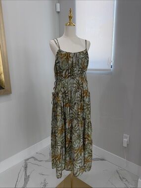 Moon River Green Botanical Tiered Maxi Dress with Gold Accents